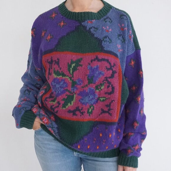 Vintage Woolrich Purple Green Floral Knit Cotton Blend Crewneck Sweater L - Picture 1 of 10